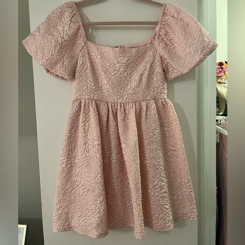 She + Sky Light Pink Textured Floral Party Dress for Girls